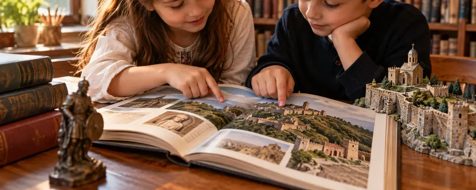 Деца разглеждат книга за българските крепости до макет на крепост