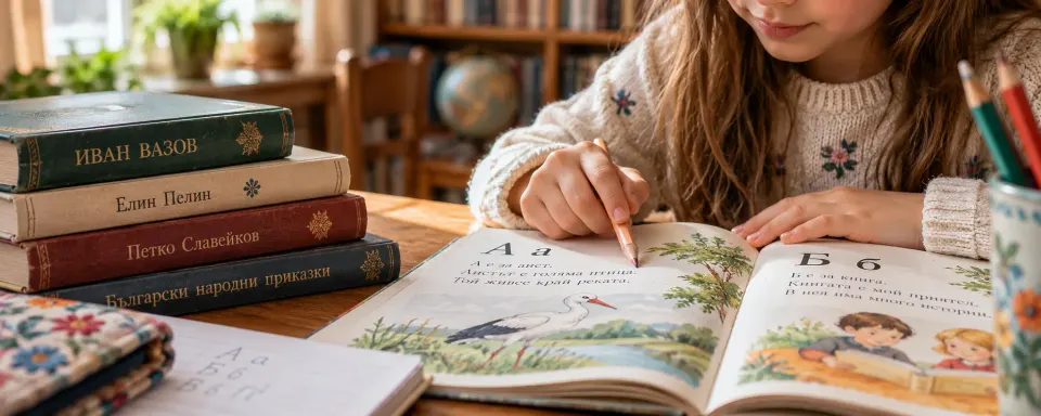 Момиче чете буквар, до него книги на Иван Вазов, Елин Пелин и Петко Славейков