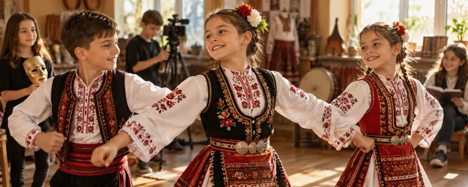 Деца в народни носии танцуват